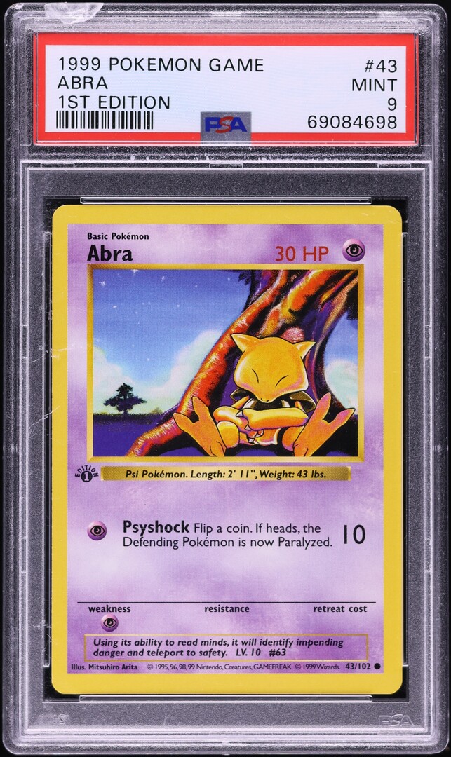 1999 Pokemon Base Set Shadowless 1st Edition Abra #43 PSA 9 MINT