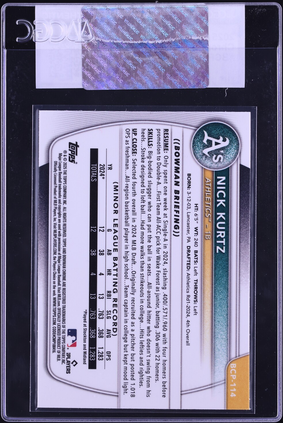 2025 Bowman Chrome Nick Kurtz PROSPECT #BCP-114 CGC AUTH