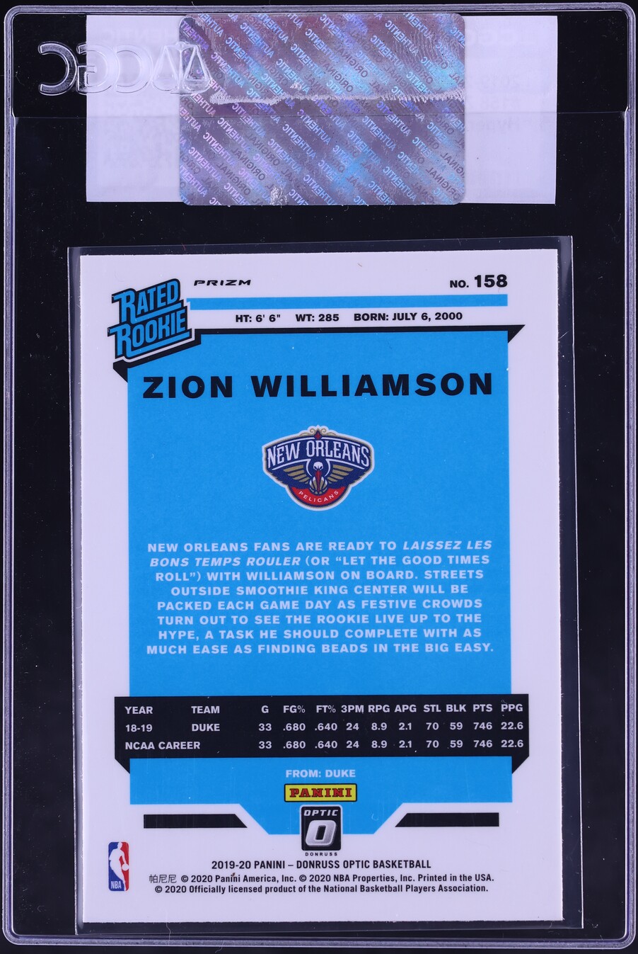 2019 Donruss Optic Hyper Pink Zion Williamson ROOKIE #158 CGC AUTH