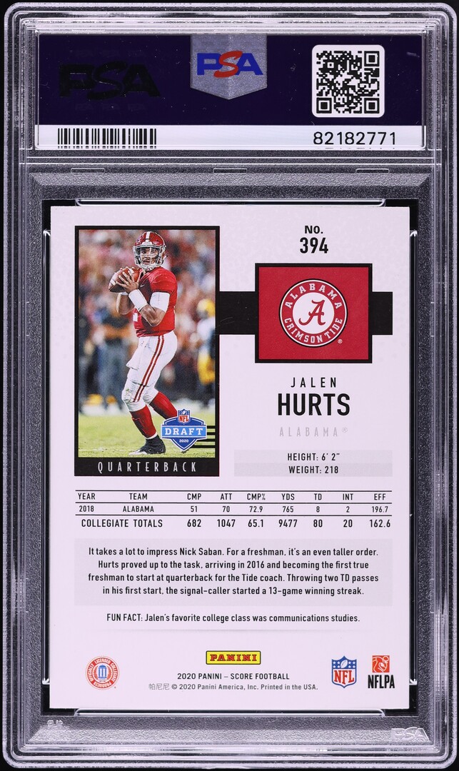 2020 Score Football Jalen Hurts ROOKIE #394 PSA 9 MINT