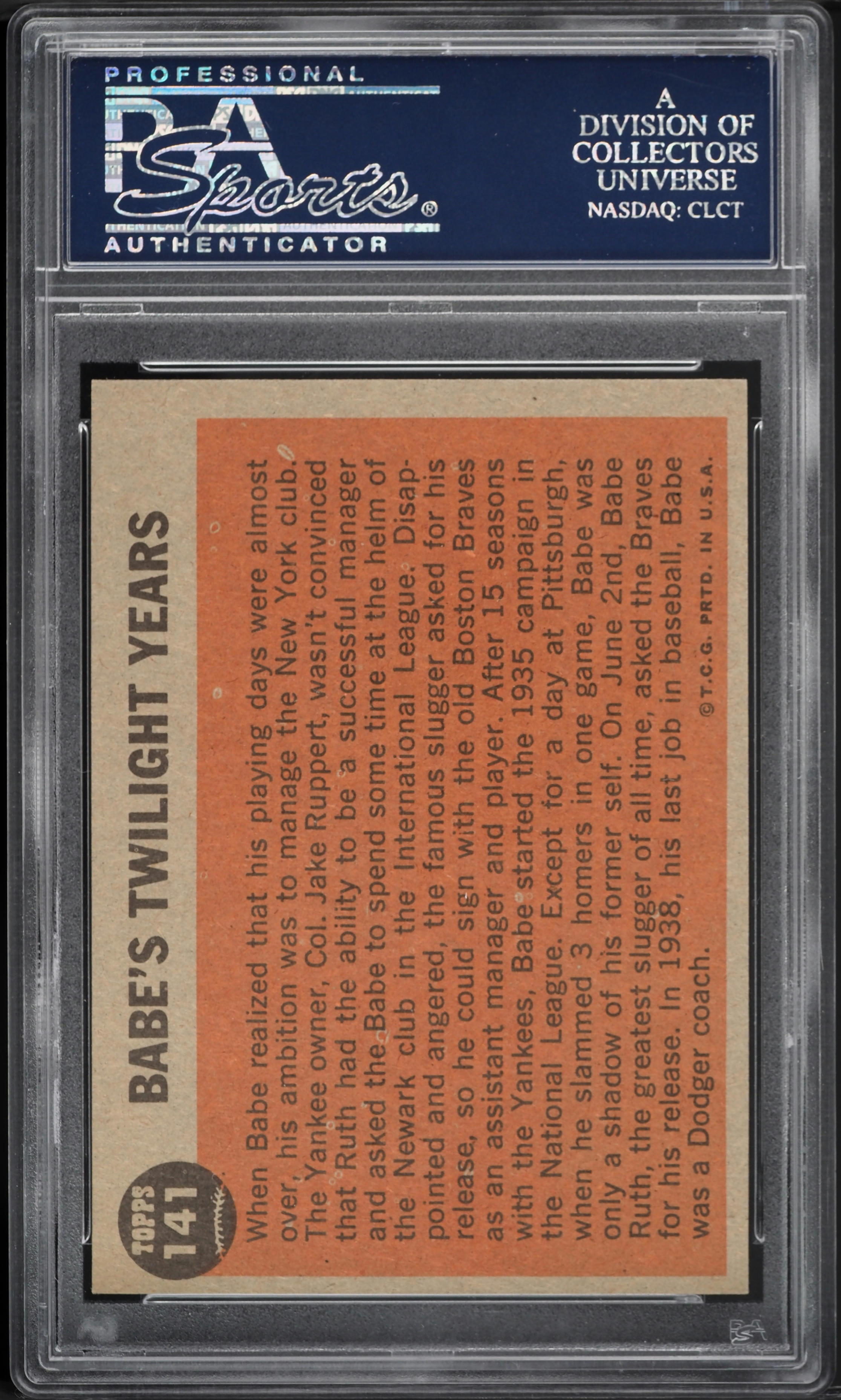 1962 Topps Babe Ruth TWILIGHT YEARS #141 PSA 8 NM-MT