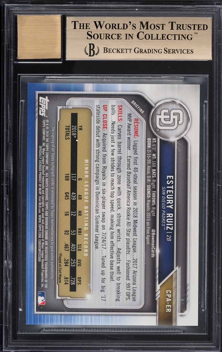 2019 Bowman Chrome Orange Ref Esteury Ruiz PROSPECT AUTO /25 BGS 10 PRISTINE