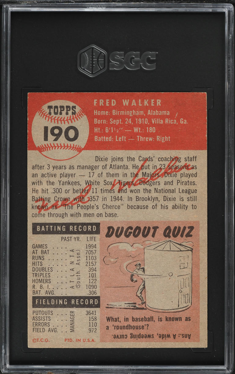1953 Topps Dixie Walker #190 SGC 6 EXMT