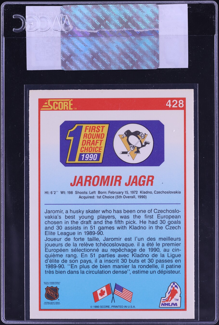 1990 Score Canadian Jaromir Jagr ROOKIE #428 CGC AUTH