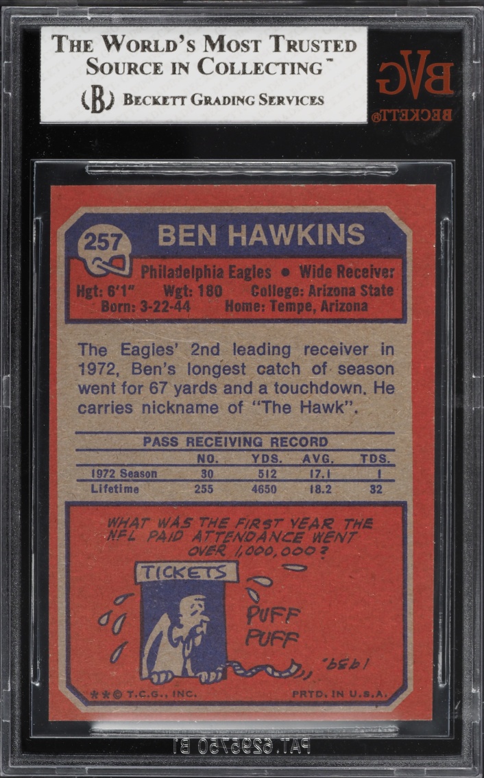 1973 Topps Football Ben Hawkins #257 BVG 7.5 NRMT+