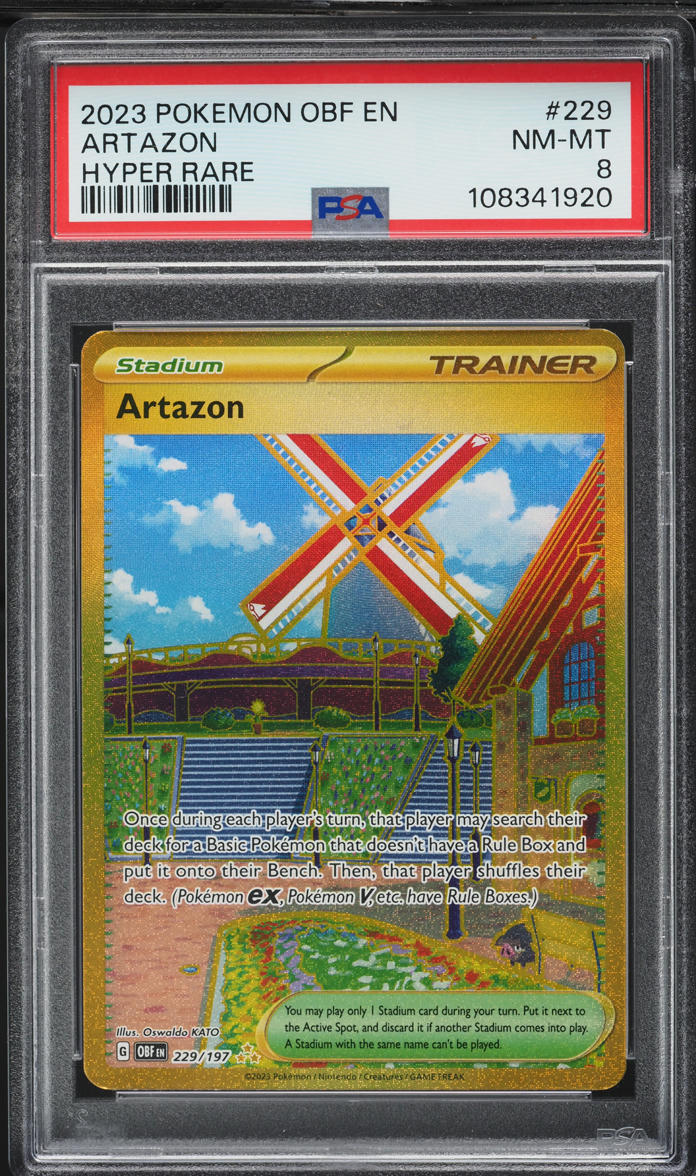 2023 Pokemon Scarlet & Violet Obsidian Flames Gold Rare Artazon #229 PSA 8 NM-MT