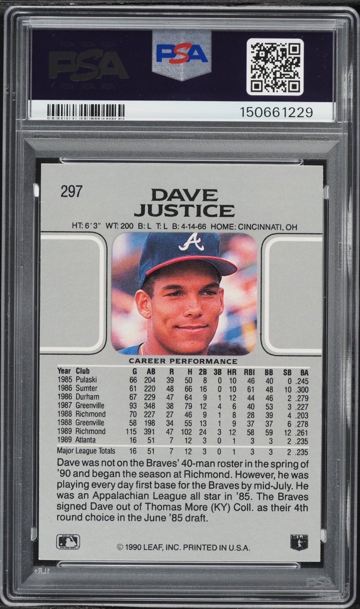 1990 Leaf Dave Justice ROOKIE #297 PSA 8 NM-MT