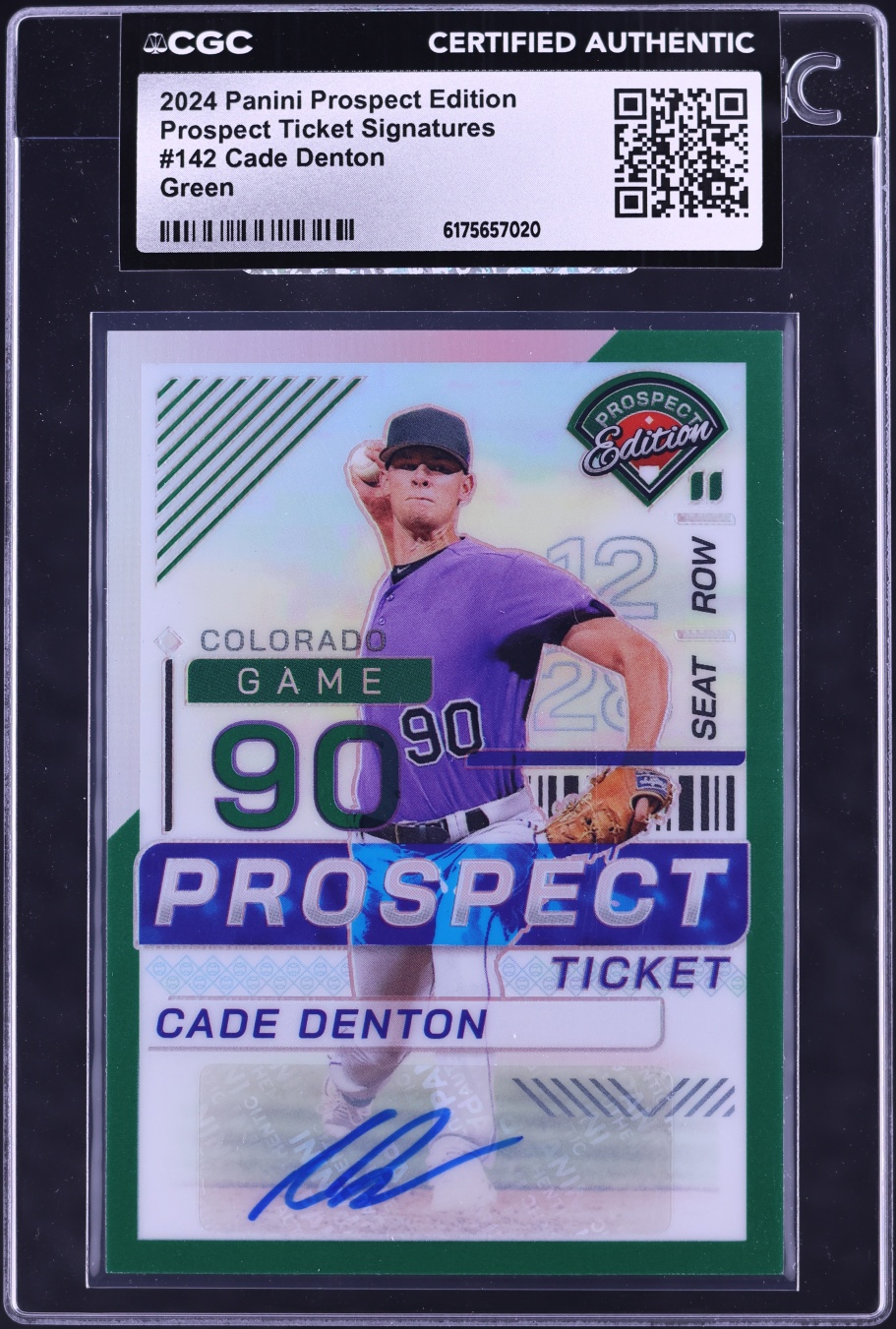 2024 Panini Prospect Edition Ticket Green Prizm Cade Denton PROSPECT AUTO #142 CGC AUTH