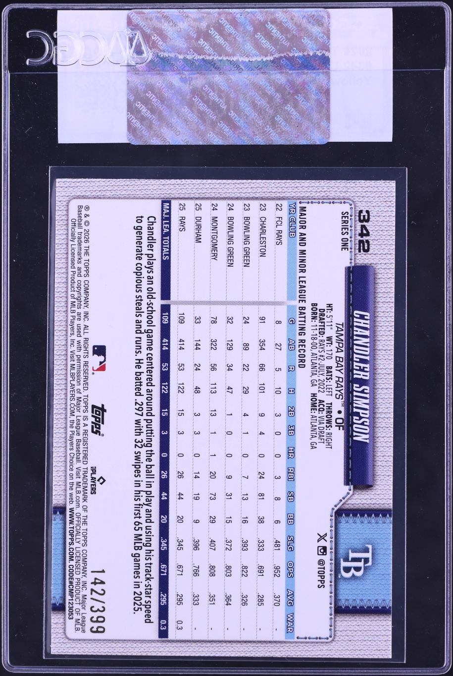 2026 Topps Yellow Rainbow Foil Chandler Simpson ROOKIE /399 #342 CGC AUTH