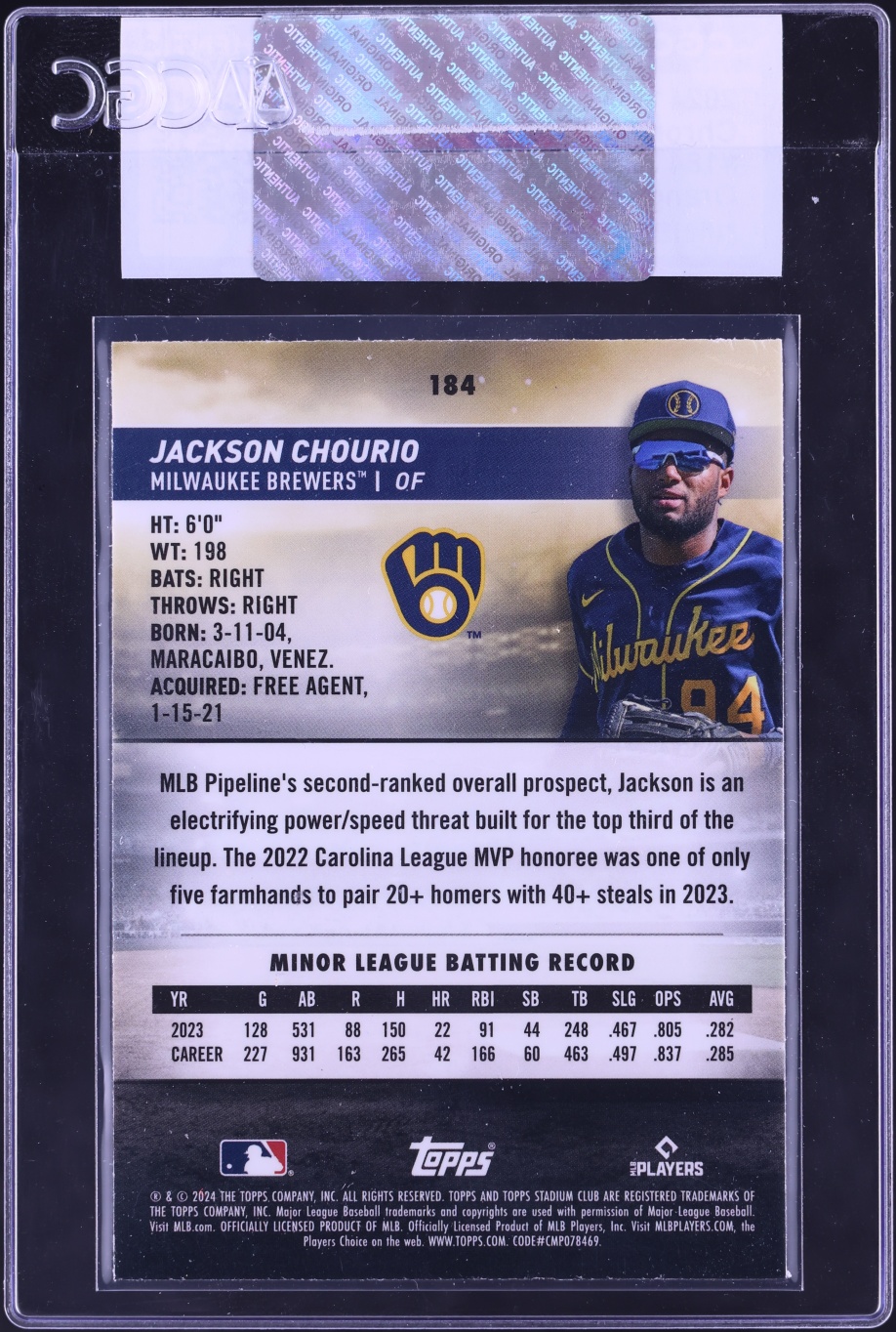2024 Stadium Club Chrome Orange Refractor Jackson Chourio ROOKIE /99 #184 CGC AUTH