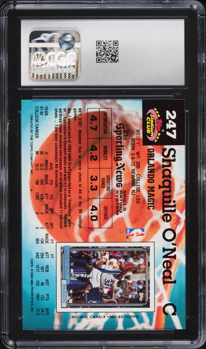 1992 Stadium Club Members Only Shaquille O'Neal ROOKIE #247 CGC 10 GEM MINT