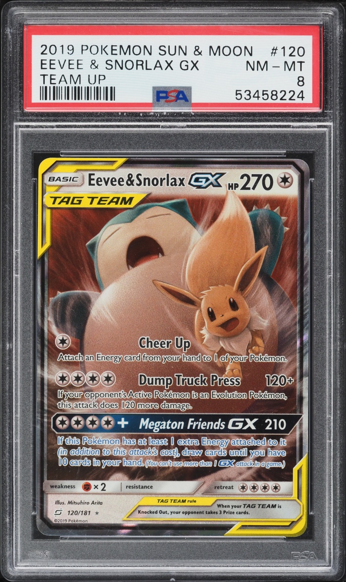 2019 Pokemon Sun & Moon Team Up Eevee & Snorlax GX #120 PSA 8 NM-MT