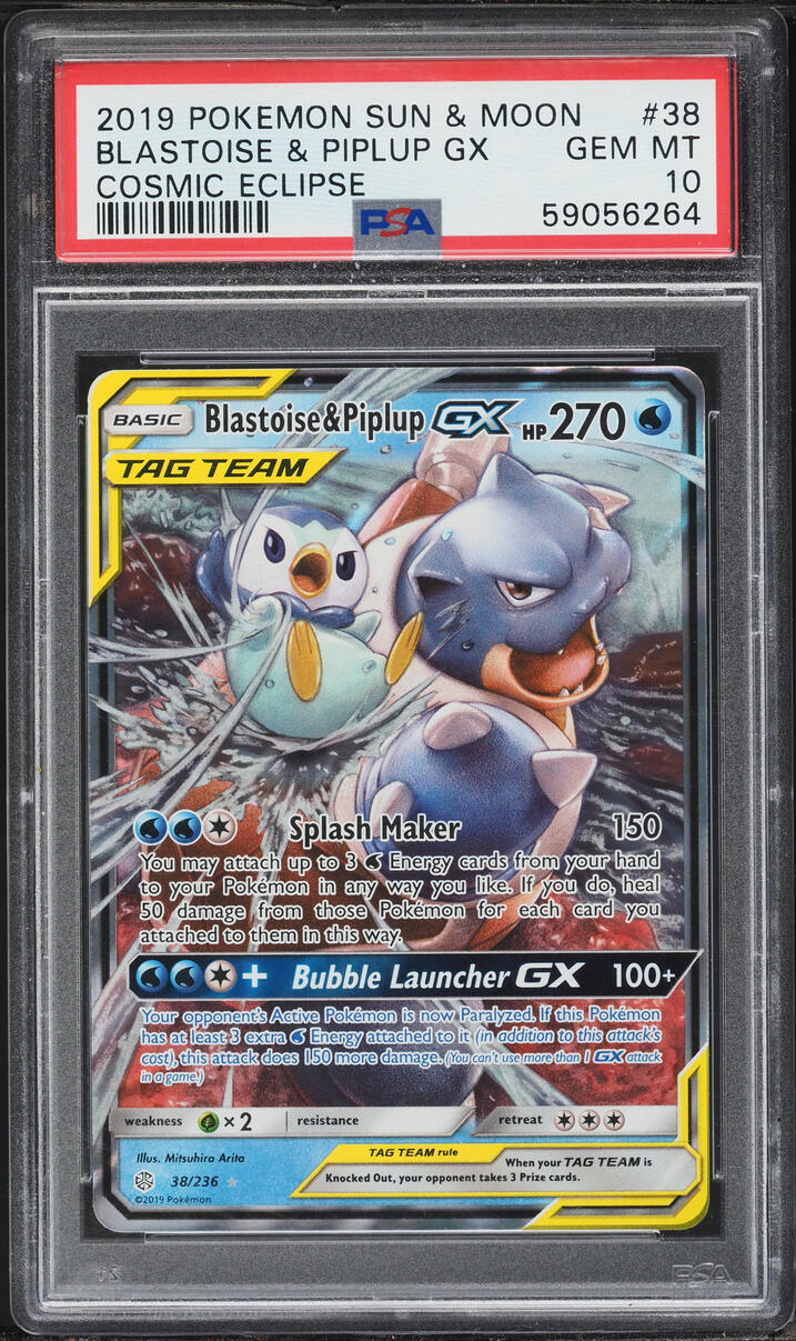 2019 Pokemon Sun & Moon Cosmic Eclipse Blastoise & Piplup GX #38 PSA 10 GEM MINT