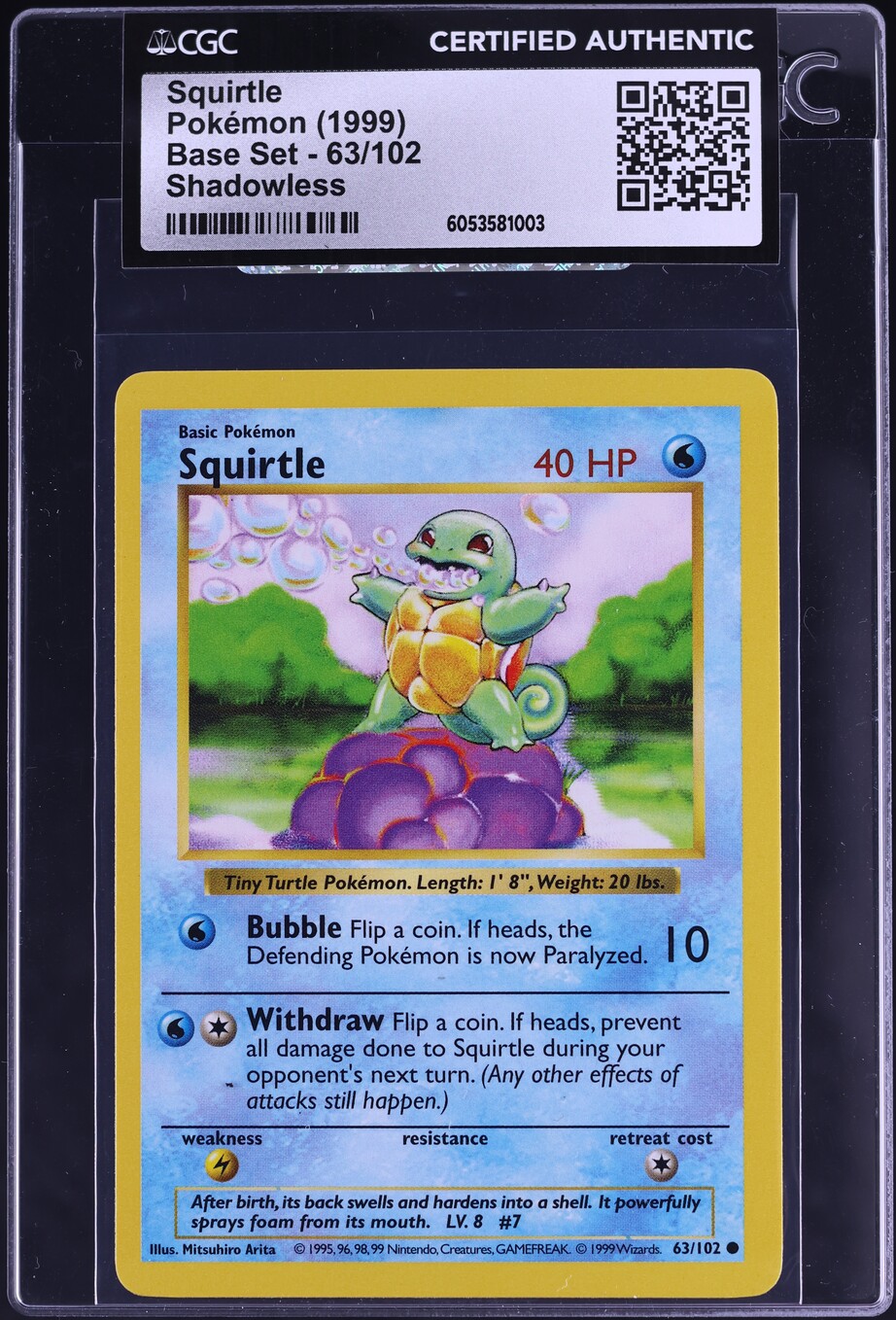 1999 Pokemon Base Set Shadowless Squirtle #63 CGC AUTH