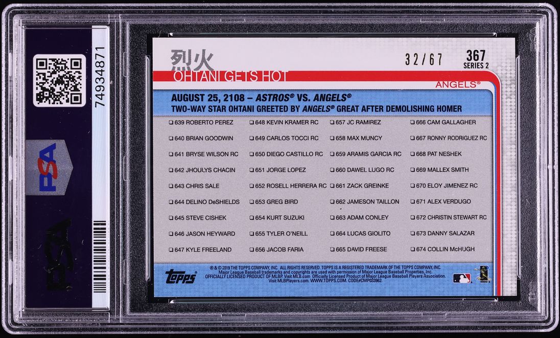2019 Topps Black Gets Hot Mike Trout w/ Shohei Ohtani /67 #367 PSA 8 NM-MT - Photo 2