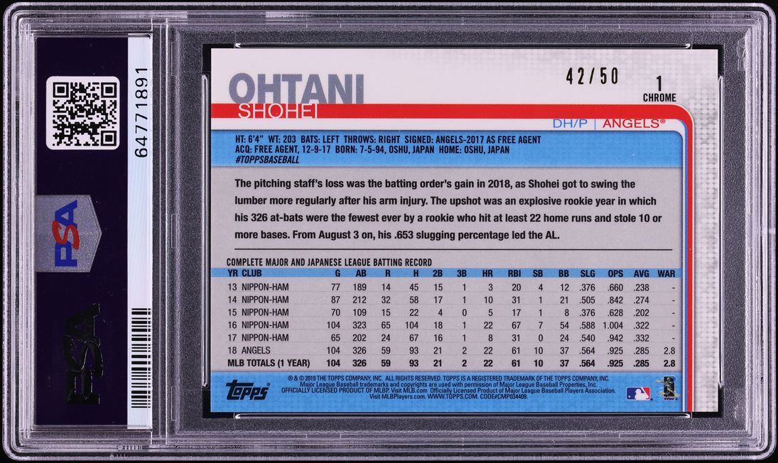 2019 Topps Chrome Variation Gold Refractor Shohei Ohtani w/ Ichiro /50 #1 PSA 9 MINT - Photo 2