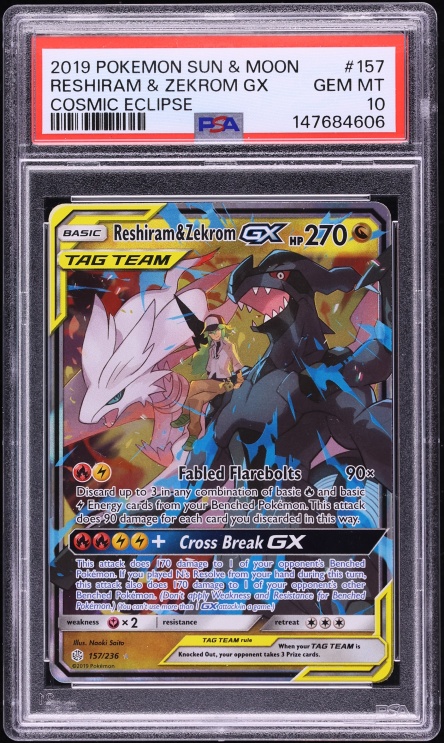 2019 Pokemon Sun & Moon Cosmic Eclipse Holo Reshiram & Zekrom GX #157 PSA 10 GEM MINT