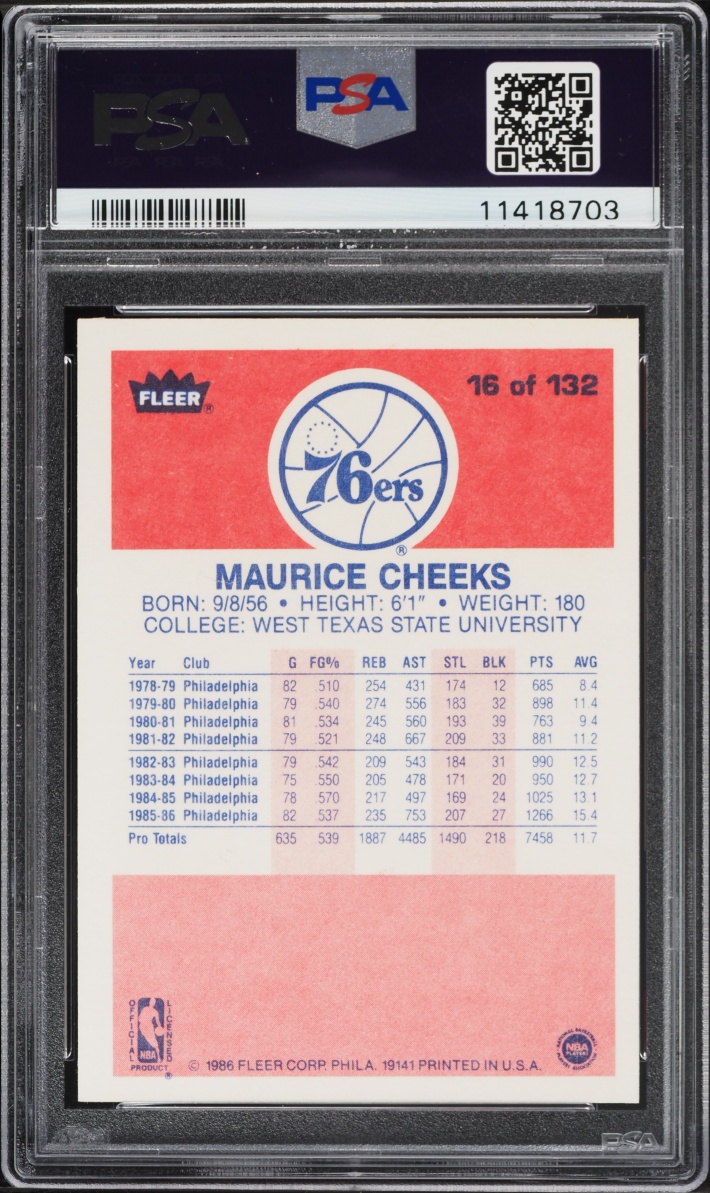 1986 Fleer Basketball Maurice Cheeks #16 PSA 9 MINT
