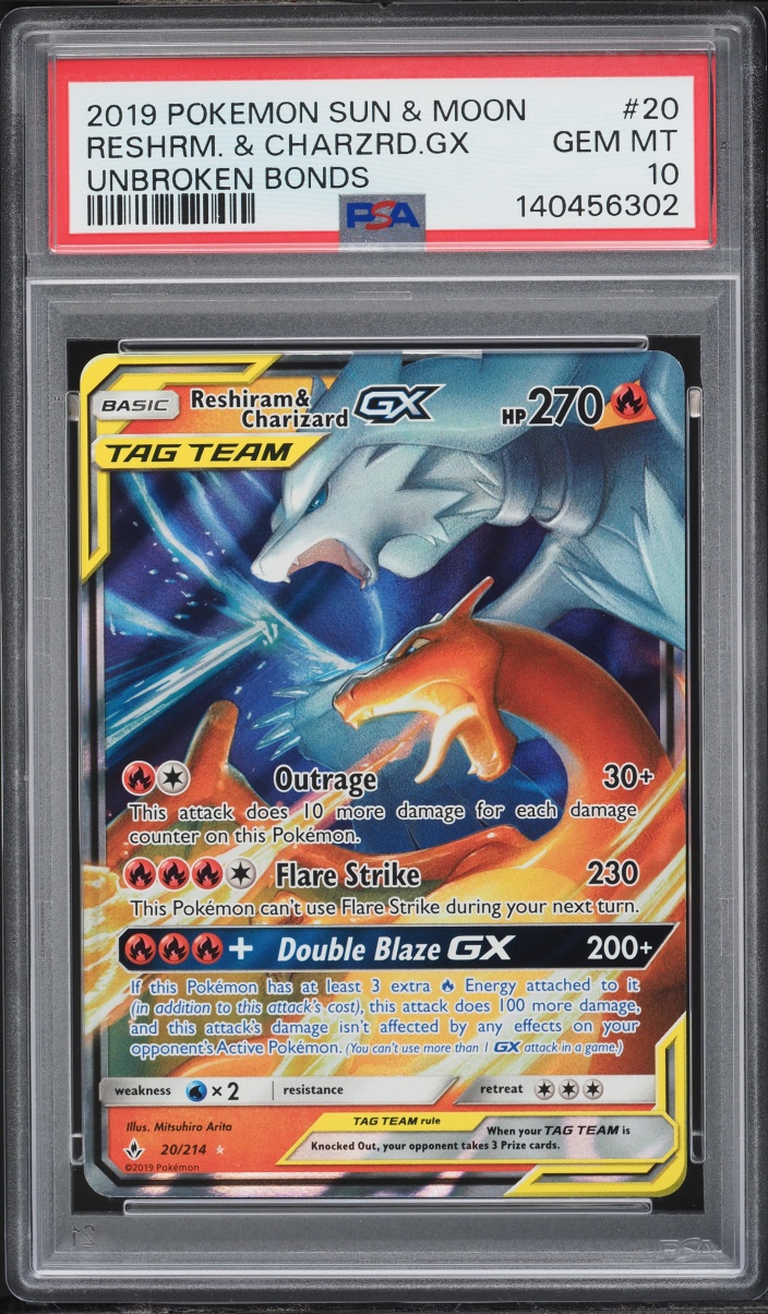2019 Pokemon Sun & Moon Unbroken Bonds Holo Reshiram & Charizard GX #20 PSA 10 GEM MINT