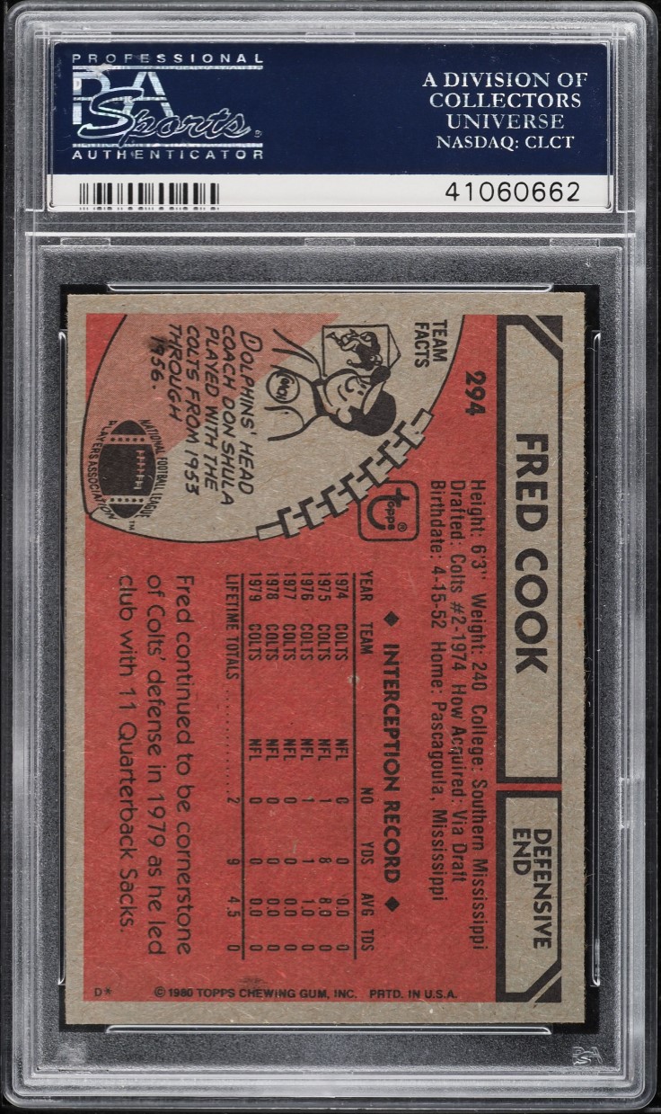 1980 Topps Football Fred Cook #294 PSA 10 GEM MINT