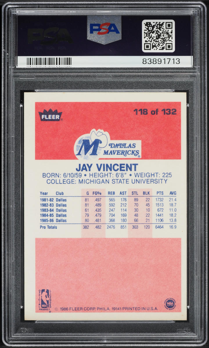 1986 Fleer Basketball Jay Vincent #118 PSA 5 EX