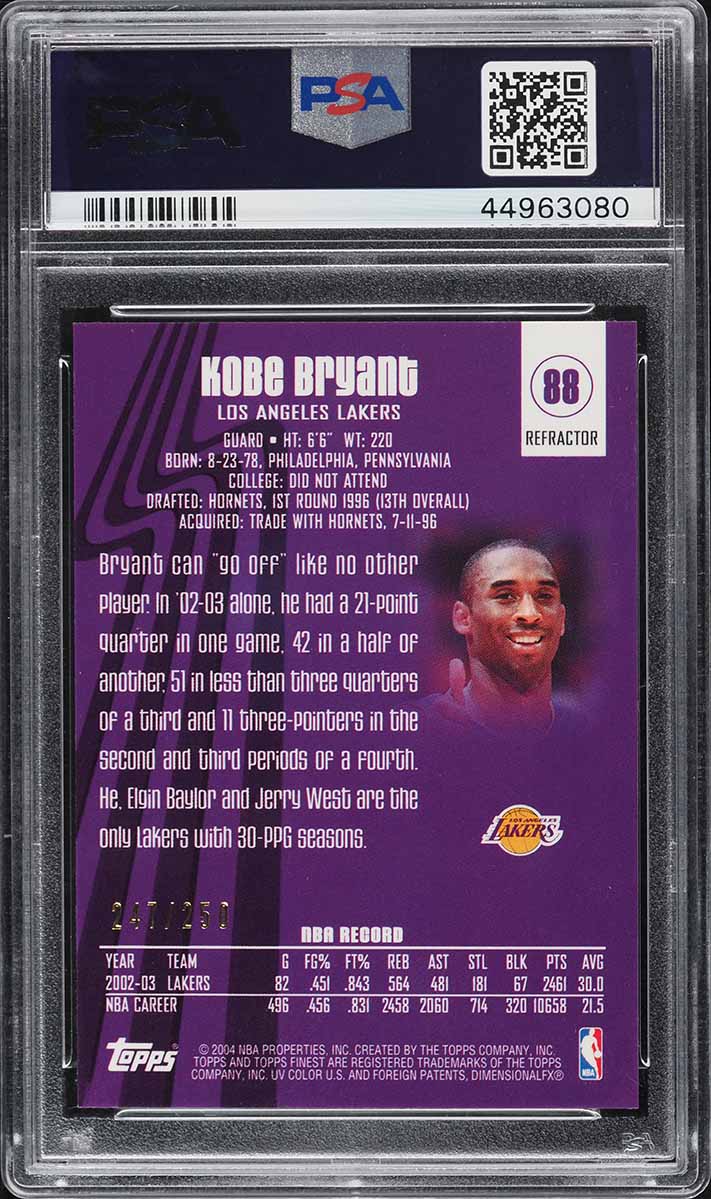 2003 Finest Refractor Kobe Bryant /250 #88 PSA 10 GEM MINT