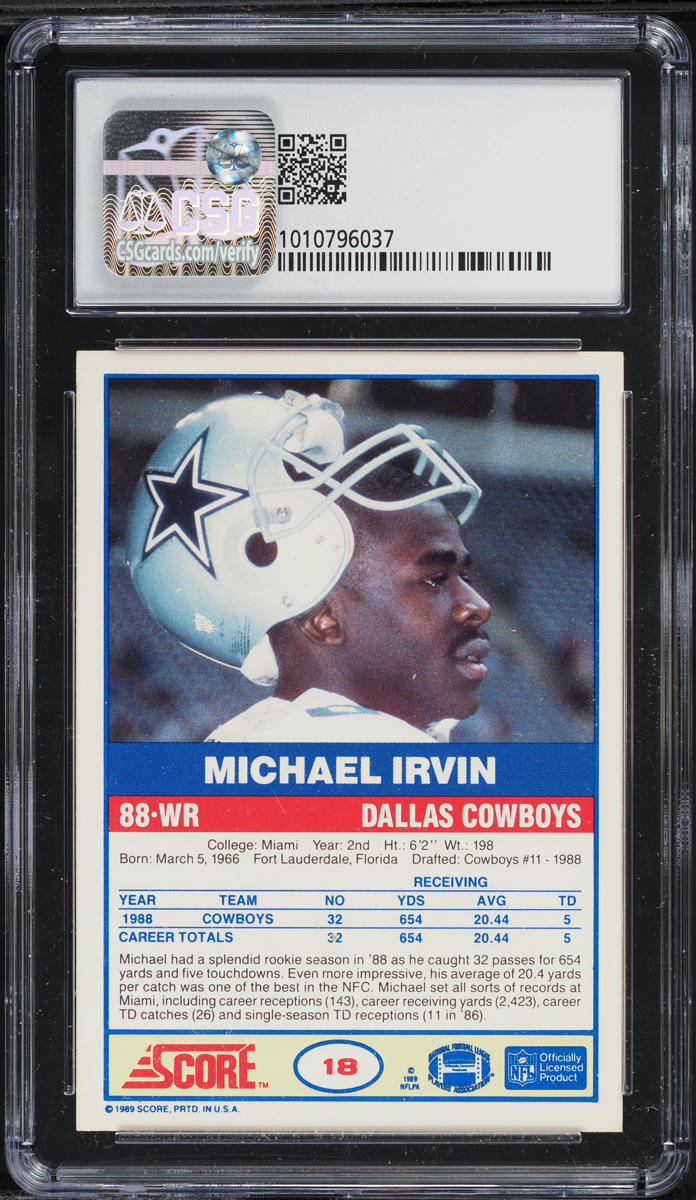 1989 Score Football Michael Irvin ROOKIE #18 CSG 8.5 NM-MT+