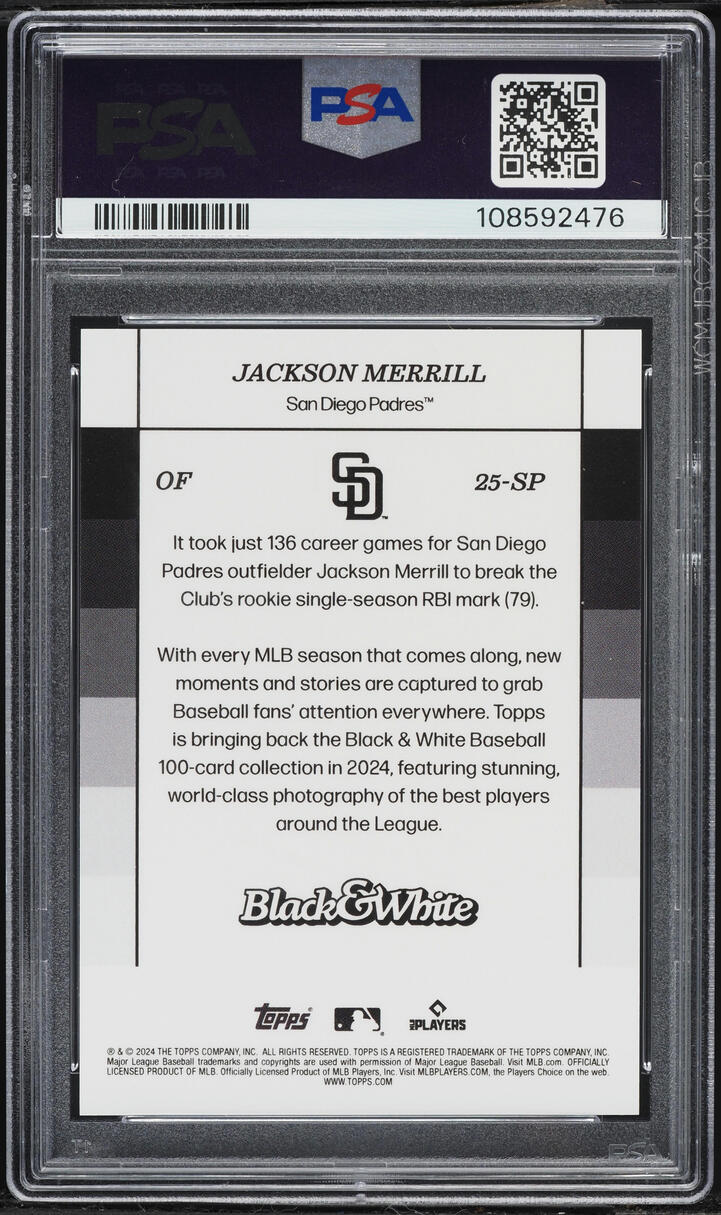 2024 Topps Black & White Variation Jackson Merrill SP ROOKIE #25-SP PSA 10 GEM MINT