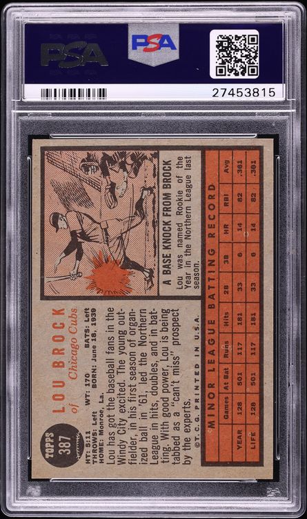 1962 Topps Lou Brock ROOKIE #387 PSA 9 MINT