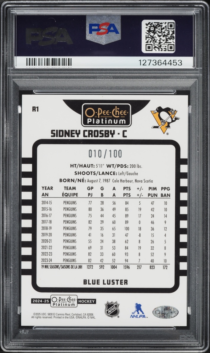 2024 O-Pee-Chee Platinum Retro Blue Luster Sidney Crosby /100 #R1 PSA 10 GEM MINT