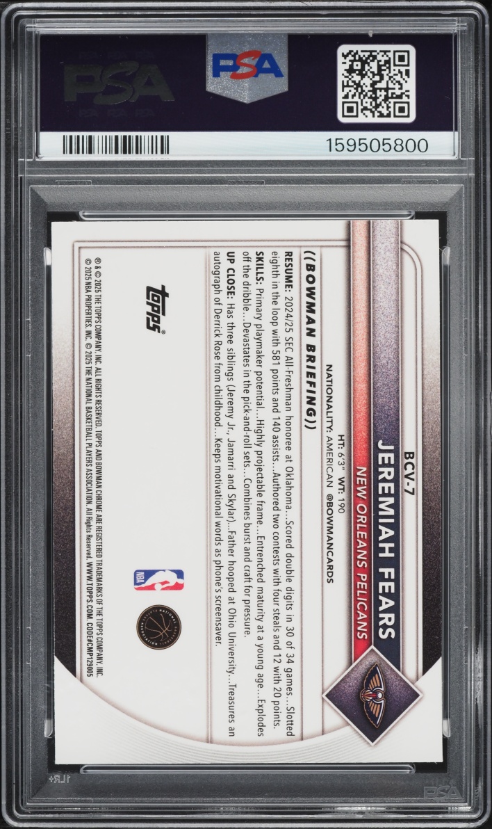 2025 Bowman Chrome Speckle Refractor Jeremiah Fears ROOKIE /299 #BCV-7 PSA 8 NM-MT