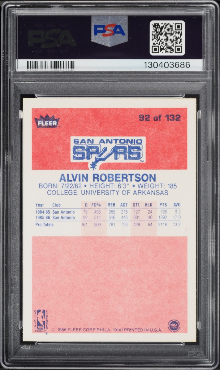 1986 Fleer Basketball Alvin Robertson ROOKIE #92 PSA 9 MINT