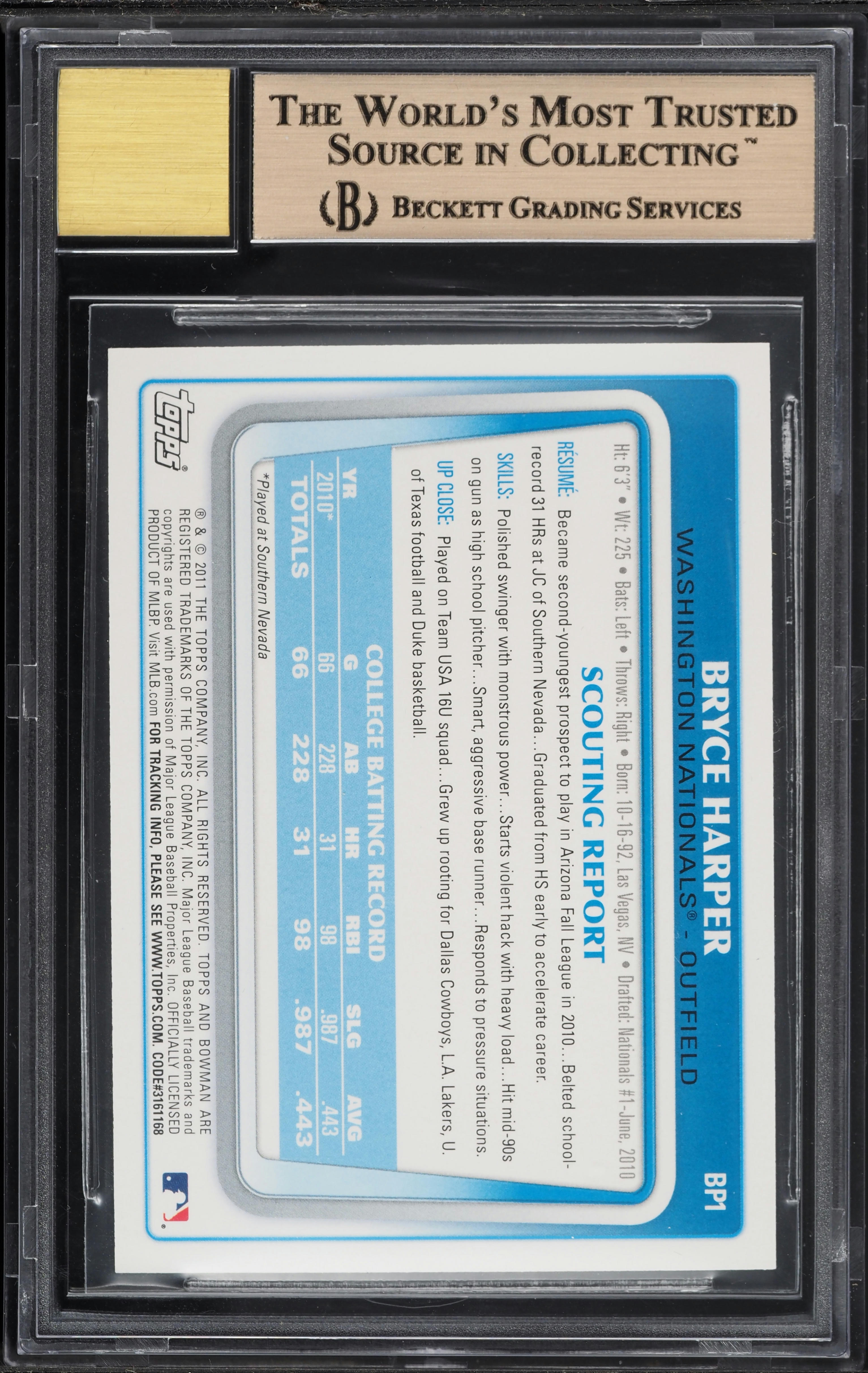 2011 Bowman Bryce Harper PROSPECT AUTO #BP1 BGS 9.5 GEM MINT