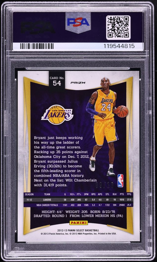 2012 Select Gold Prizm Kobe Bryant /10 #54 PSA AUTH