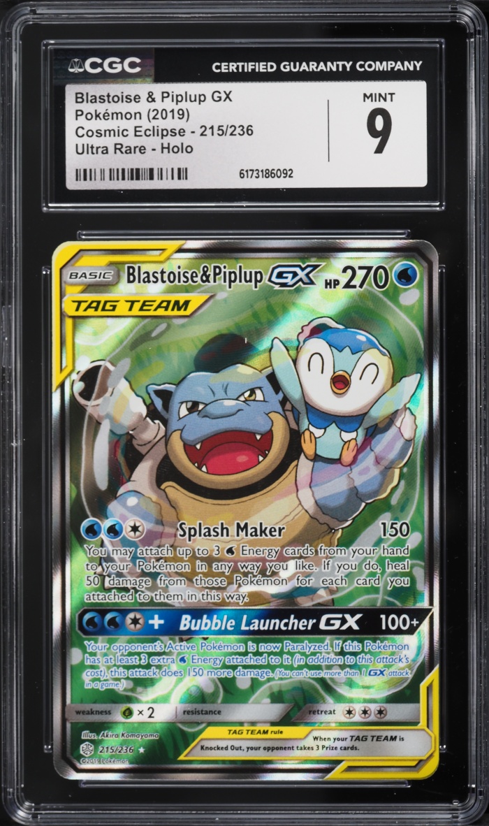 2019 Pokemon Sun & Moon Cosmic Eclipse Alt Art Blastoise & Piplup GX #215 CGC 9 MINT