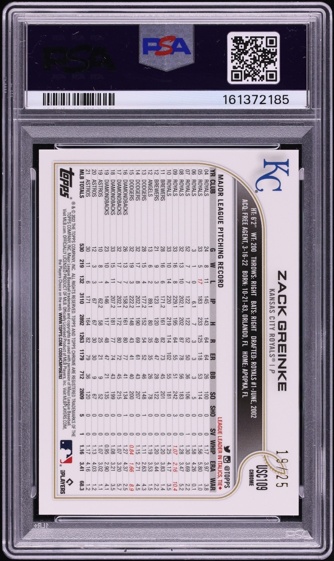 2022 Topps Chrome Update Red Refractor Zack Greinke /25 #USC109 PSA 10 GEM MINT - Photo 2