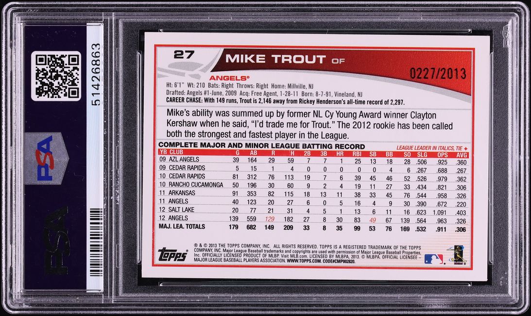 2013 Topps Sliding Gold Mike Trout /2013 #27 PSA 9 MINT - Photo 2
