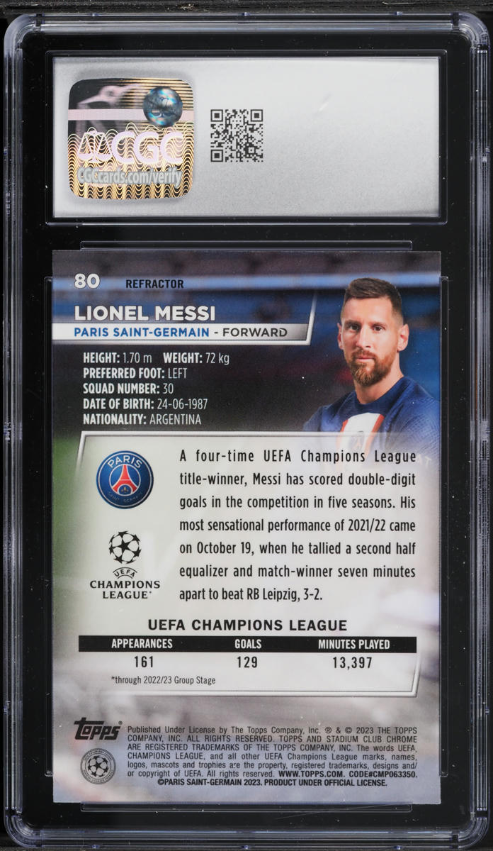 2022 Stadium Club Chrome UEFA Refractor Lionel Messi #80 CGC 10 GEM MINT
