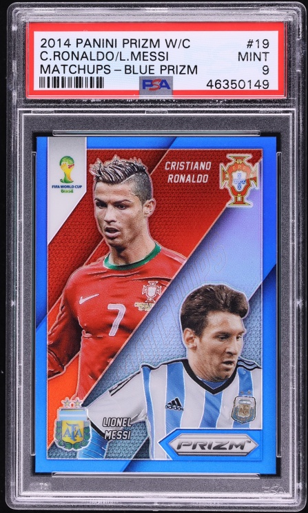 2014 Panini Prizm World Cup Matchups Blue Cristiano Ronaldo Messi /199 #19 PSA 9 MINT