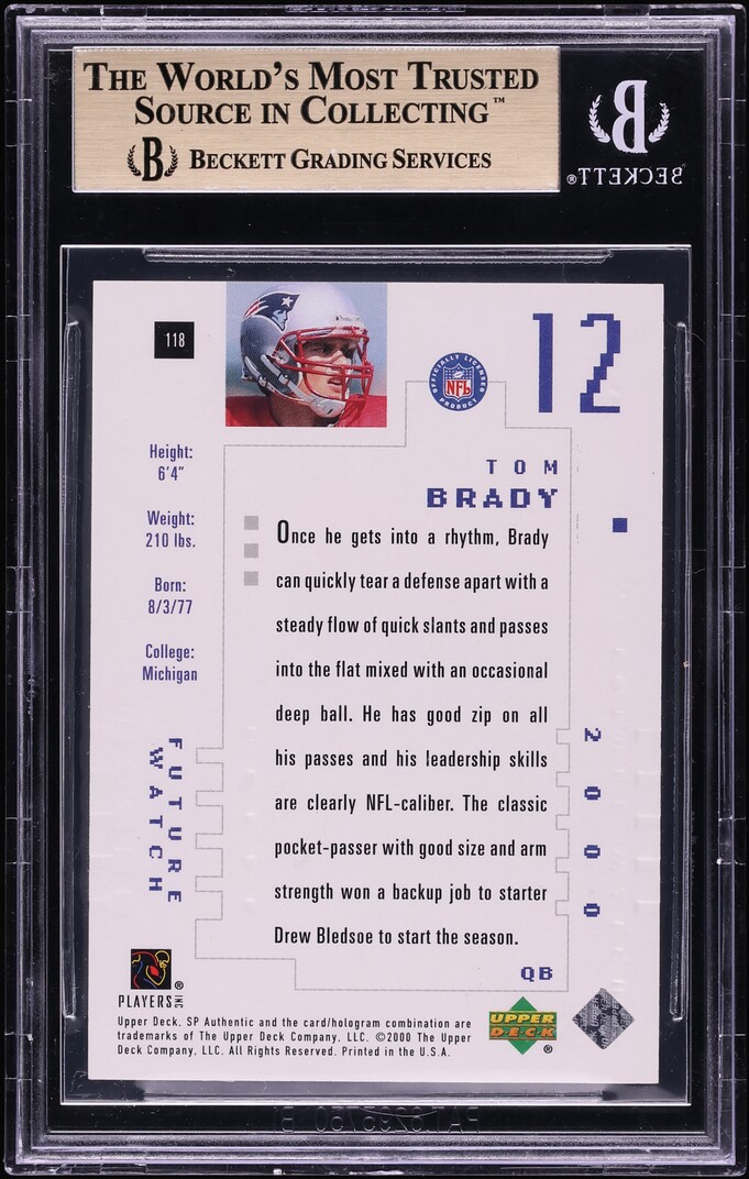 2000 SP Authentic Tom Brady ROOKIE /1250 #118 BGS 9.5 GEM MINT