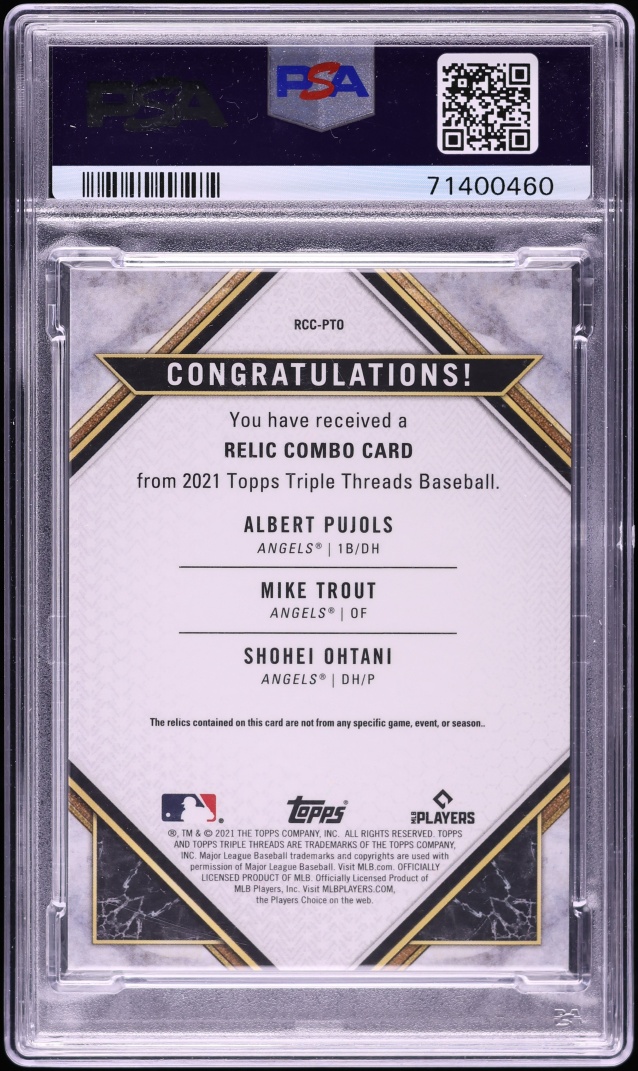 2021 Topps Triple Threads Combos Gold Trout Ohtani Pujols PATCH /9 #RCC-PTO PSA 10 GEM MINT