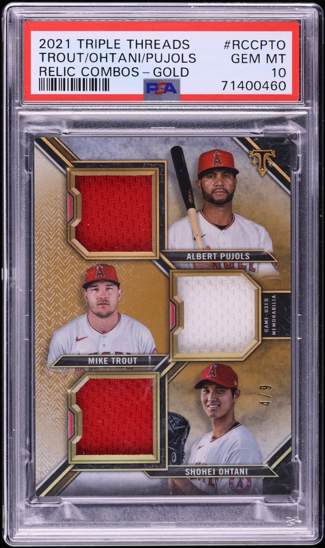 2021 Topps Triple Threads Combos Gold Trout Ohtani Pujols PATCH /9 #RCC-PTO PSA 10 GEM MINT
