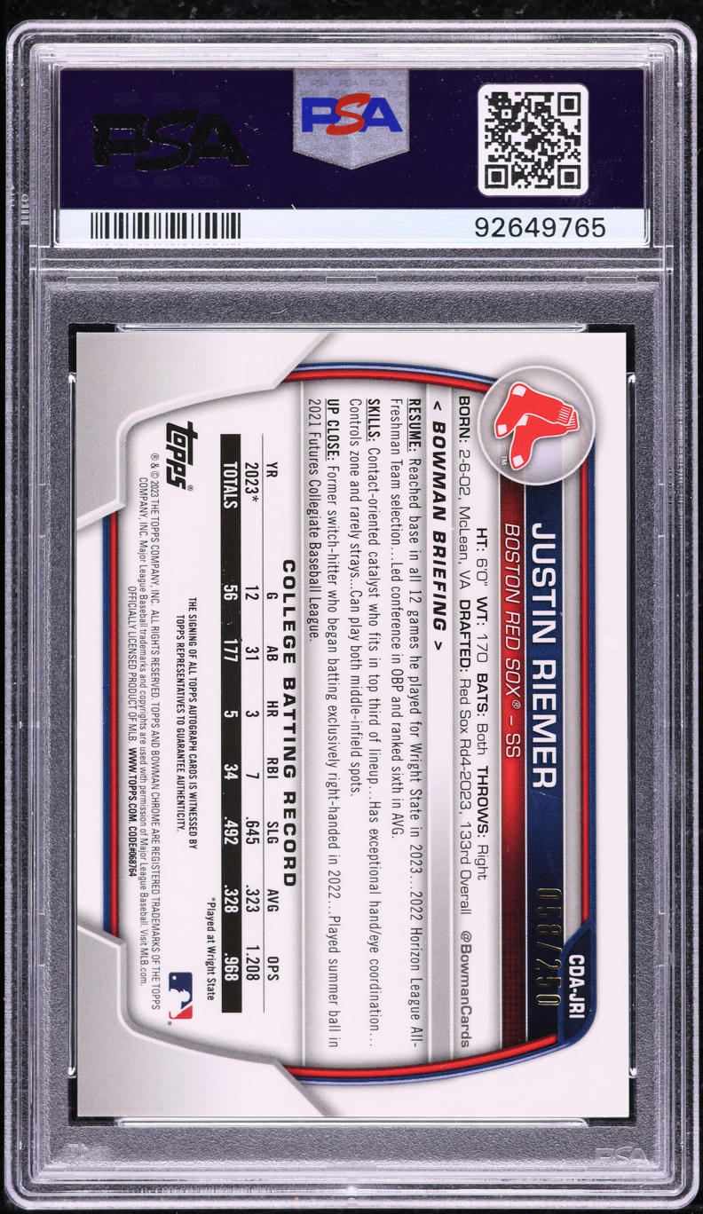 2023 Bowman Chrome Purple Refractor Justin Riemer PROSPECT AUTO /250 PSA 10 GEM