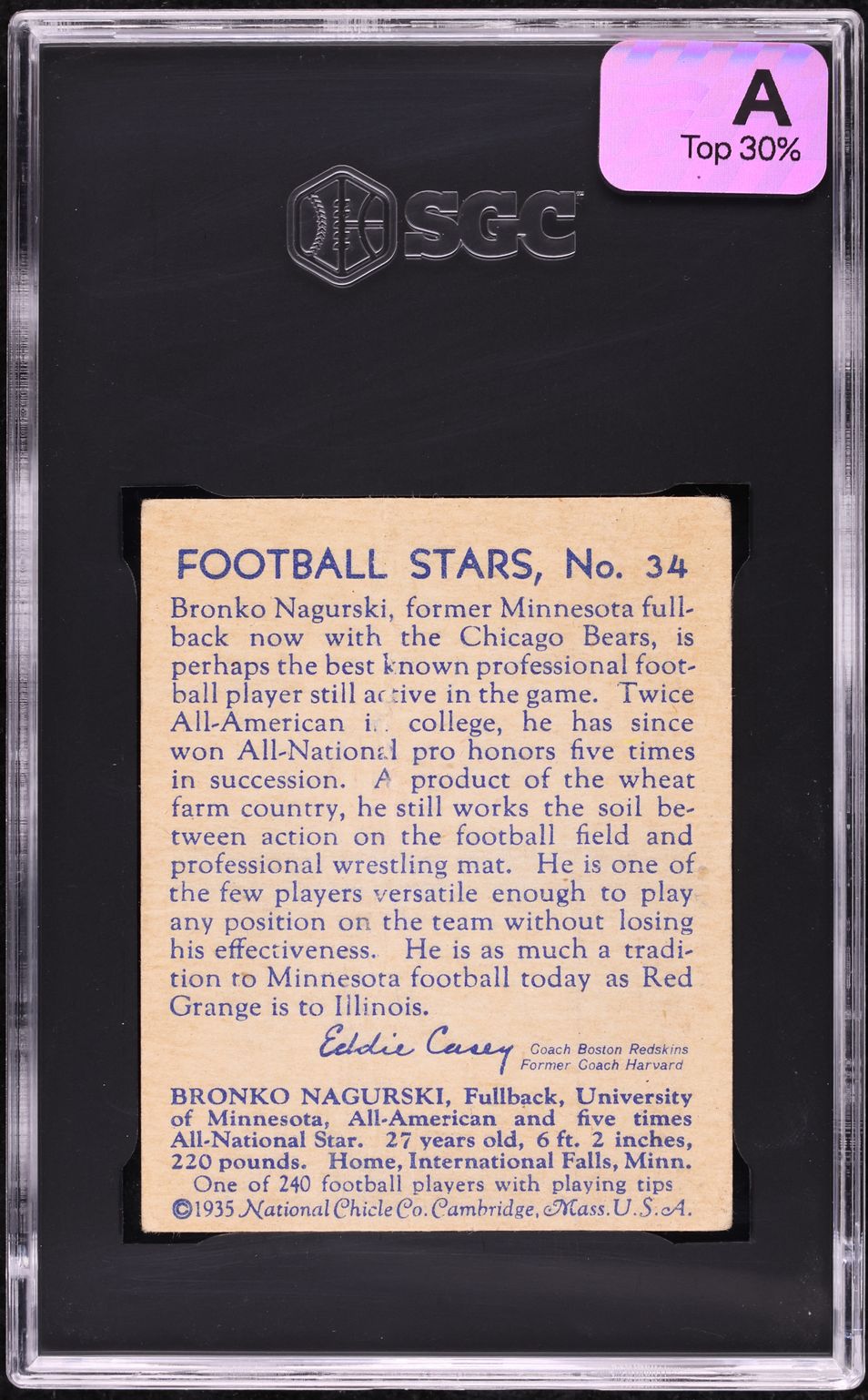 1935 National Chicle Football Bronko Nagurski ROOKIE #34 SGC 1.5 FR