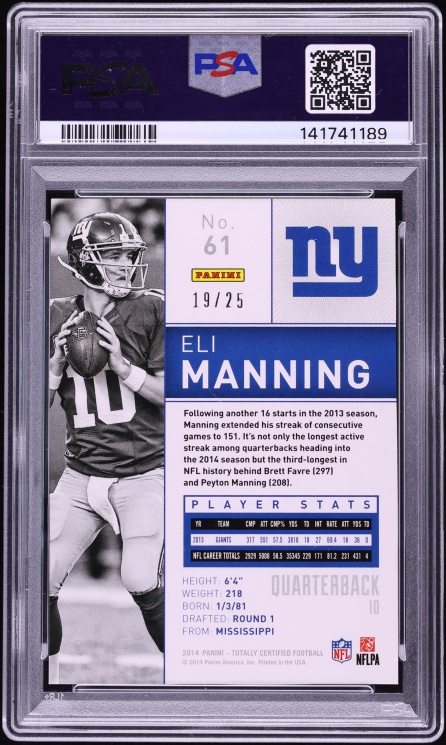 2014 Totally Certified Mirror Platinum Red Eli Manning /25 #61 PSA 10 GEM MINT - Photo 2