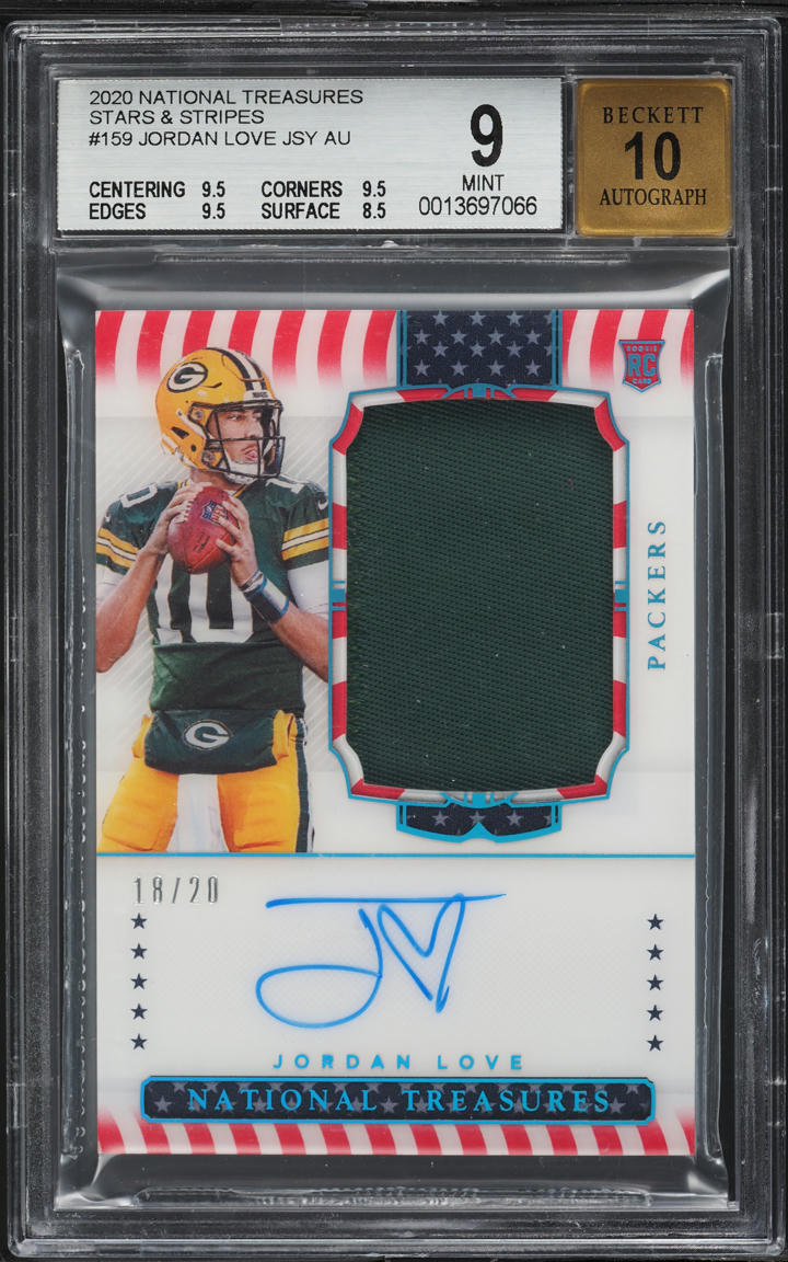 2020 National Treasures Stars Stripes Jordan Love RC PATCH AUTO /20 #159 BGS 9