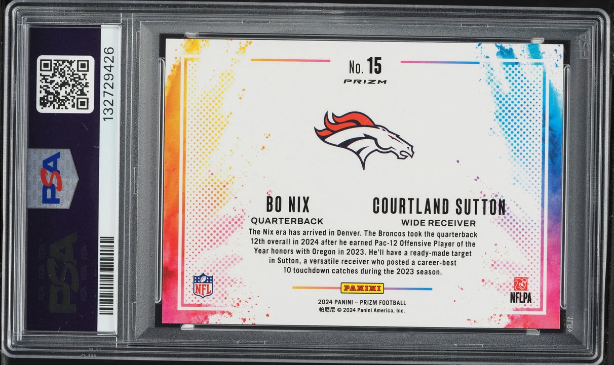 2024 Panini Prizm Color Blast Duals Bo Nix & Courtland Sutton ROOKIE #15 PSA AUTH