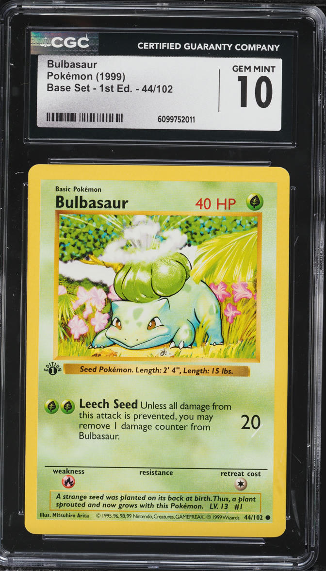 1999 Pokemon Base Set Shadowless 1st Edition Bulbasaur #44 CGC 10 GEM MINT