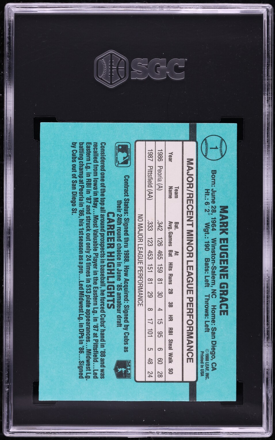 1988 Donruss The Rookies Mark Grace ROOKIE #1 SGC 9 MINT
