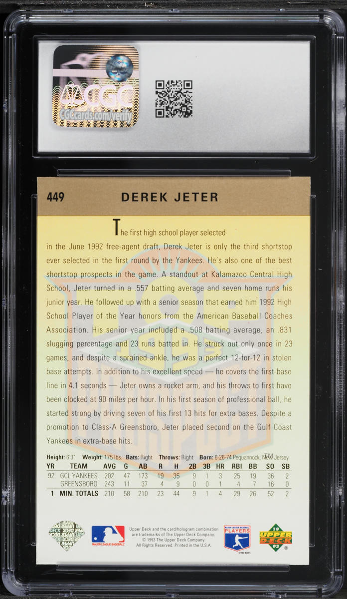 1993 Upper Deck Derek Jeter ROOKIE #449 CGC 8 NM-MT